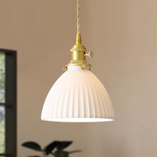 White Ceramic Pendant Lights Kitchen Island Brushed Brass Dome-Shaped Lampshade Modern Minimalist Industrial Hanging Light Fixture for Living Room Bedroom Dining Room Over Table