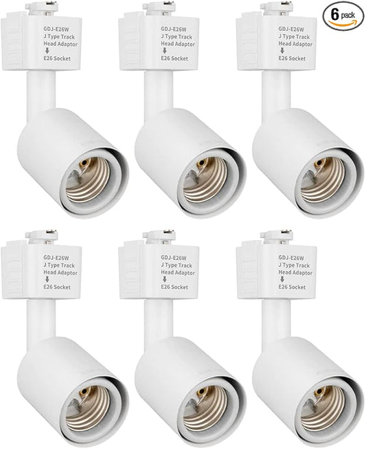 mirrea J Type Track Lighting Head to E26 Medium Screw Base Adapter Light Direction Adjustable Pack of 6 (White)