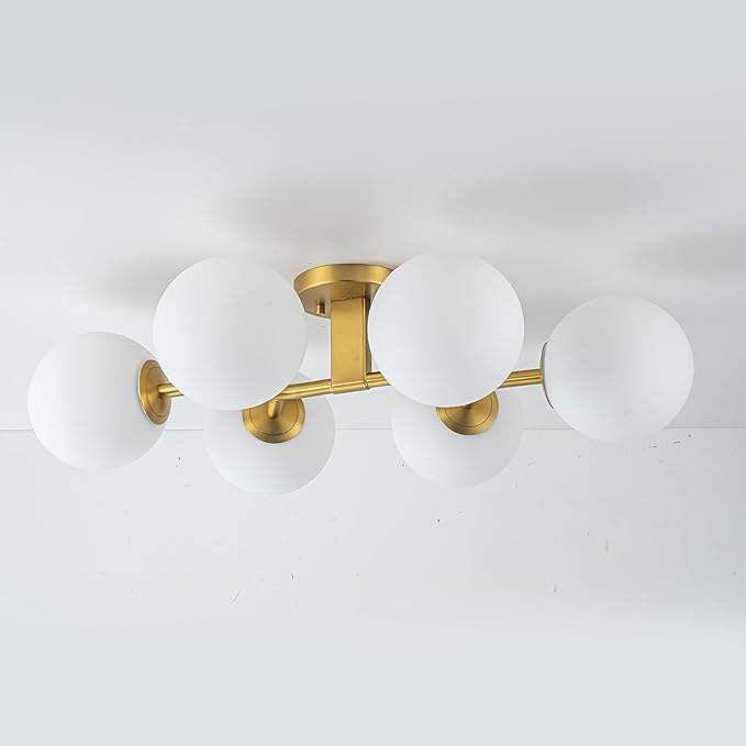 EDISLIVE 6-Light Semi Flush Mount Glass Ceiling Light Milk Globe, 27 in Antique Gold Milk White Glass Sputnik Chandelier MSM Frosted Glass Shade for Bedroom Livingroom Kitchen E12 Bulb