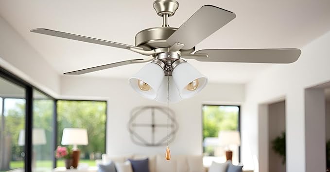 Aspen Creative 22011-2, Three-Light Ceiling Fan Light Kit with Pull Chain, Brushed Nickel Finish with Frosted Glass Shades, 13" Diameter x 6-3/4" Height