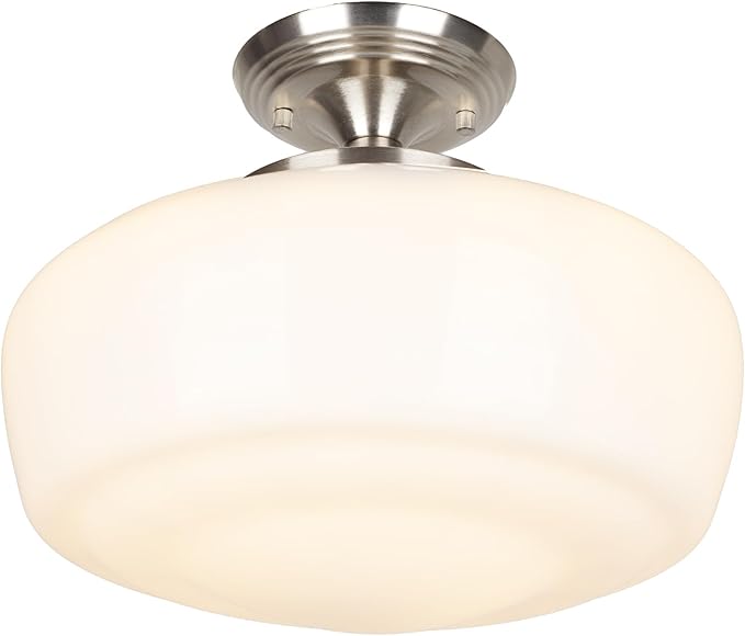 Large Schoolhouse Style Semi Flush Mount Ceiling Light Fixture, 14" Modern Hallway Ceiling Lamp with Opal Milk Glass Shade, Farmhouse Globe Light for Bedroom Kitchen Hallway Entryway, ROS588L SN