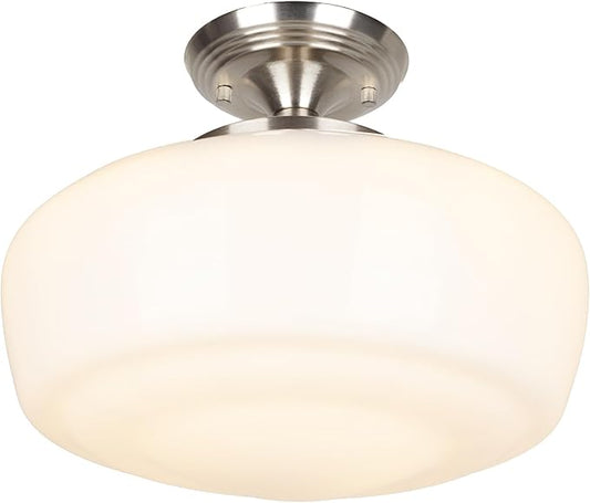 Large Schoolhouse Style Semi Flush Mount Ceiling Light Fixture, 14" Modern Hallway Ceiling Lamp with Opal Milk Glass Shade, Farmhouse Globe Light for Bedroom Kitchen Hallway Entryway, ROS588L SN