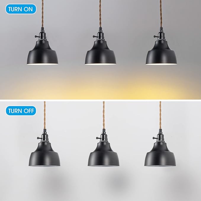 3 Light Plug in Pendant Light Cord 22FT Industrial Farmhouse Hanging Lamp with Twisted Hemp Rope Independent Triple Switch Hanging Light Chandelier for Dining Room Kitchen Black Finish