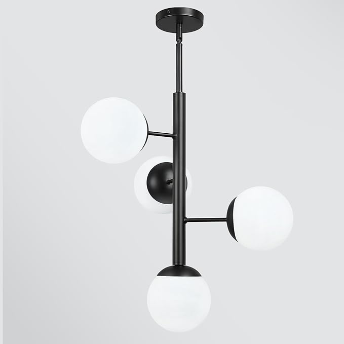 Modern Sputnik Chandelier Ceiling Light Fixture, 4-Light Semi Flush Mount Black Matte Chandelier with Globe Milky Frosted Glass Shade Adjustable Dining Room Sputnik Ceiling Light for Kitchen, Hallway