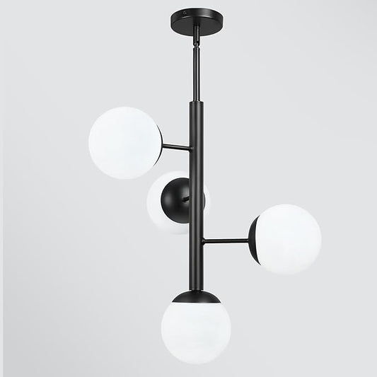 Modern Sputnik Chandelier Ceiling Light Fixture, 4-Light Semi Flush Mount Black Matte Chandelier with Globe Milky Frosted Glass Shade Adjustable Dining Room Sputnik Ceiling Light for Kitchen, Hallway