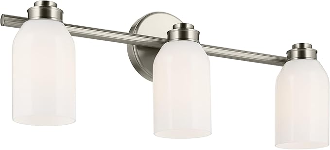 Kichler Shae 3-Light Bathroom Vanity Light Fixture with White Opal Glass, Modern 24.25 in Wall Mount Light Over Mirror in Brushed Nickel for Powder Room (24.25 in W x 9 in H), 55202NI