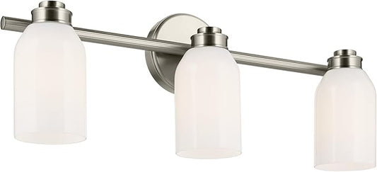 Kichler Shae 3-Light Bathroom Vanity Light Fixture with White Opal Glass, Modern 24.25 in Wall Mount Light Over Mirror in Brushed Nickel for Powder Room (24.25 in W x 9 in H), 55202NI