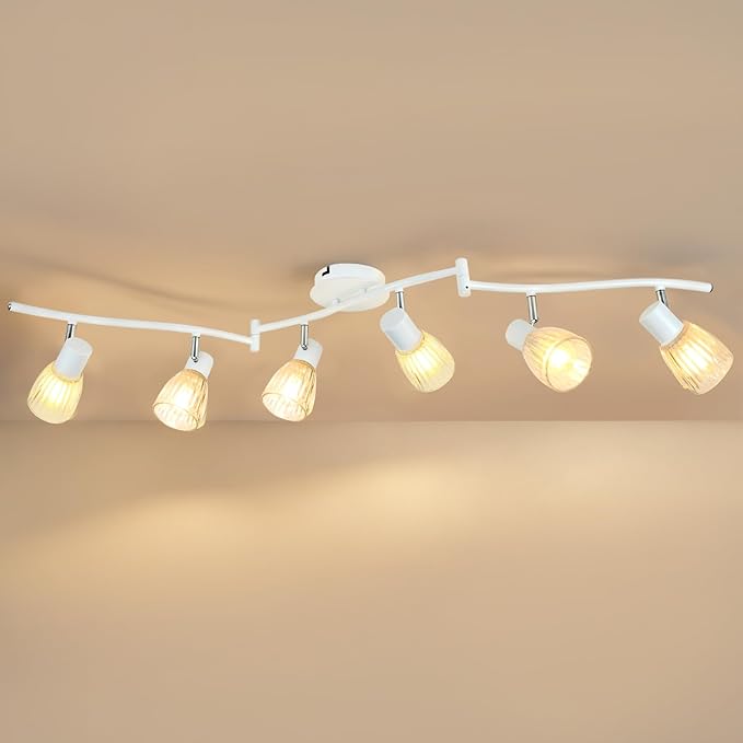 HiBay 6-Light Track Lighting, Flexible Modern Ceiling Light Fixture White w/Glass Shades, Flush Mount Ceiling Wall Track Spot Lights Indoor for Kitchen, Living Room, Bedroom, E12 Base, No Bulbs