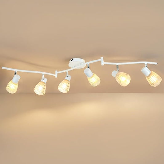 HiBay 6-Light Track Lighting, Flexible Modern Ceiling Light Fixture White w/Glass Shades, Flush Mount Ceiling Wall Track Spot Lights Indoor for Kitchen, Living Room, Bedroom, E12 Base, No Bulbs