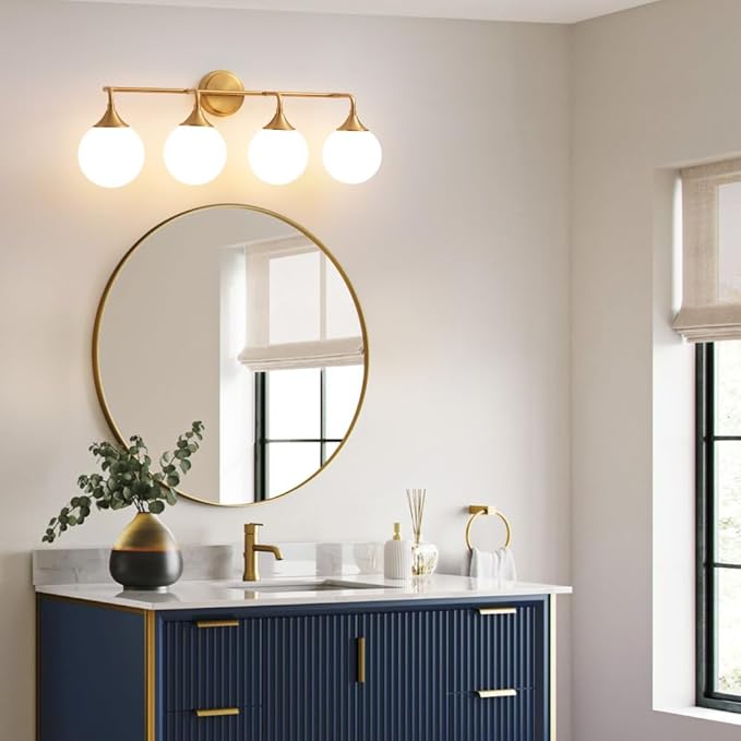 Gold Bathroom Light Fixtures, Modern Vanity Lights Over Mirror, Brushed Brass Wall Sconce Lighting 4-Light with Milky White Glass Ball Shades