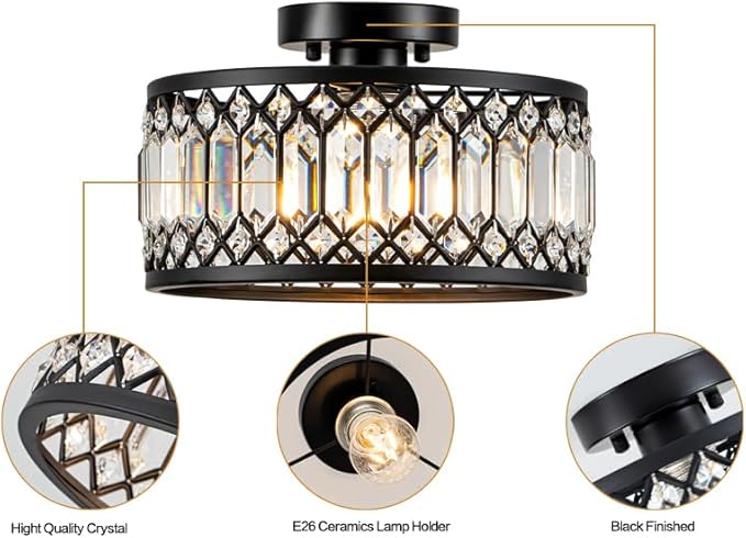 Crystal Black Ceiling Light, Modern Semi Flush Mount Ceiling Light Fixture, Round Small Chandelier for Hallway Entryway Bathroom Bedroom Laundry Room, 1-Light, 11.4 Inch