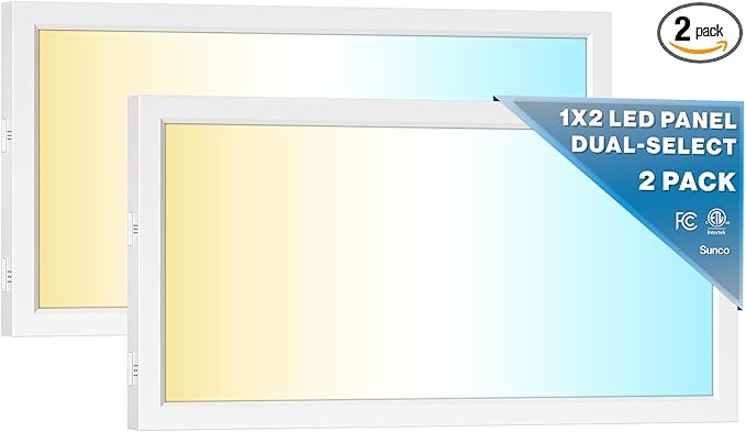 Sunco 2 Pack 1x2 LED Flat Panel Lights, Dual Selectable CCT 3500K/4000K/5000K & Selectable Wattage 16W/18W/20W, 2000 LM, Dimmable Triac, Back-Lit Drop Ceiling Troffer Replacement Light - ETL, FCC