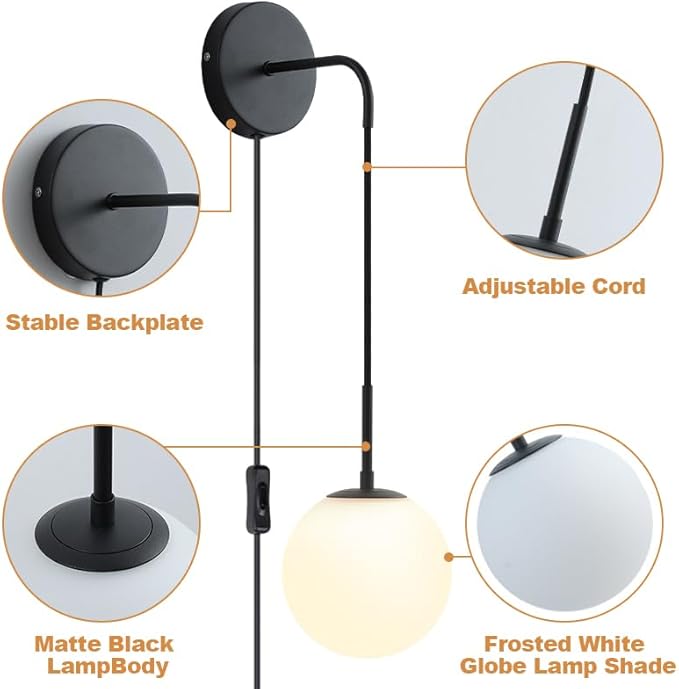 KUZZULL Wall Sconces Set of Two Plug in Wall Sconces Matte Black Wall Lamp with Plug in Cord and Switch Hanging Indoor Wall Mounted Lights with Globe Glass Shade Plug in Sconces Wall Decor Set of 2