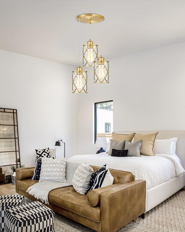Brushed Gold Dining Room Chandeliers Light Fixtures, Modern 3-Light Pendant Lighting with Clear Glass, Farmhouse Cluster Kitchen Hanging Lights for Sink Bedroom, CH9176BG3