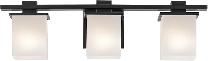 Kichler Tully 24" 3-Light Bathroom Vanity Light Fixture with Satin Etched Cased Opal Glass in Black for Over Mirror, Soft Modern Style (24" x 6.5" x 7"), 45151BK