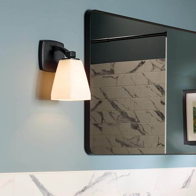 Kichler Marant 5" 1-Light Wall Sconce Bathroom Vanity Light Fixture with Opal Glass in Black for Bathroom, Powder Room, Hallway, Fireplace (5" W x 9.5" H), 55214BK