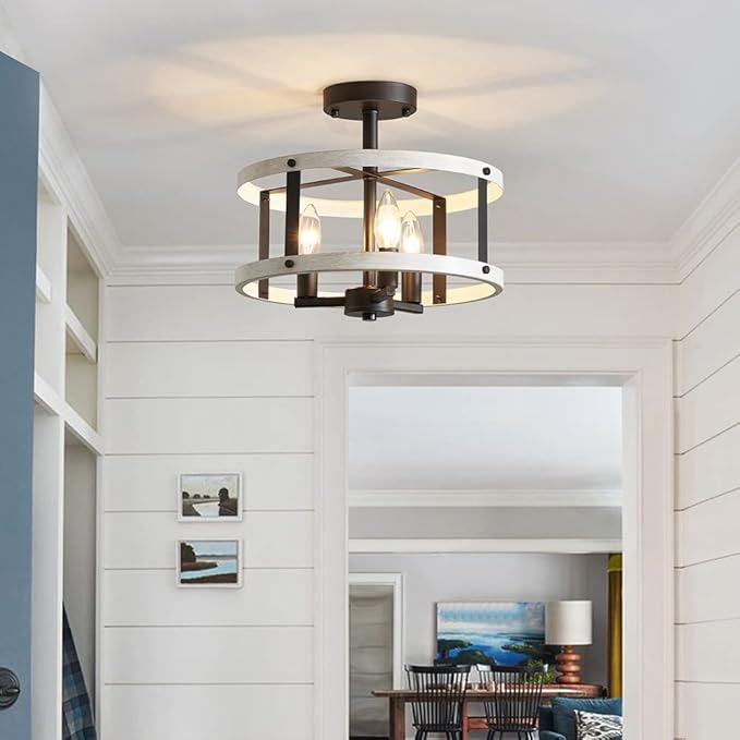 AGV LIGHTING Farmhouse Semi Flush Mount Ceiling Light Fixture There-Light Close to Ceiling Light, White Ash Wood Texture with Black Bronze Finish