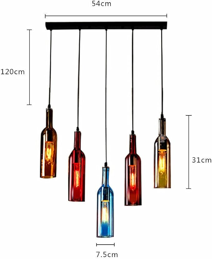 5-Head Colorful Beer Bottle Chandelier, Industrial Ceiling Light Vintage Pendant Lamp, Wine Glass Bottle Chandelier Pendant Lighting Fixture Hanging Lamp Height Adjustable, E27 Lamp Holder