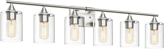 6-Light Bathroom Lighting Fixtures Over Mirror,Brushed Nickel Light Fixture Bathroom,Vanity Light with Clear Glass Shade,Modern Wall Lights for Mirror Bedroom Living Hallway