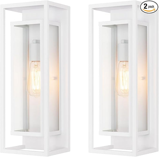 mirrea 18" Classic Outdoor Wall Sconce 1 Light in Rectangular Metal Frame and Clear Glass Shade Waterproof Porch Light Patio Light Pack of 2 (Matte White)