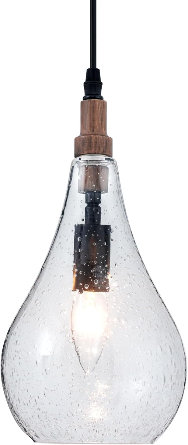 Farmhouse Wood Bubble Seeded Glass Pendant Light Adjustable Industrial Pendant Lighting Fixtures for Kitchen Island Dining Room Bedroom Entryway Sink