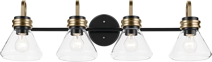 Kichler Farum 34" 4-Light Bathroom Vanity Light Fixture with Clear Glass in Black, Modern Wall Mount Over Mirror for Single or Double Vanity (34" W x 9.5" H), 55156BKCLR