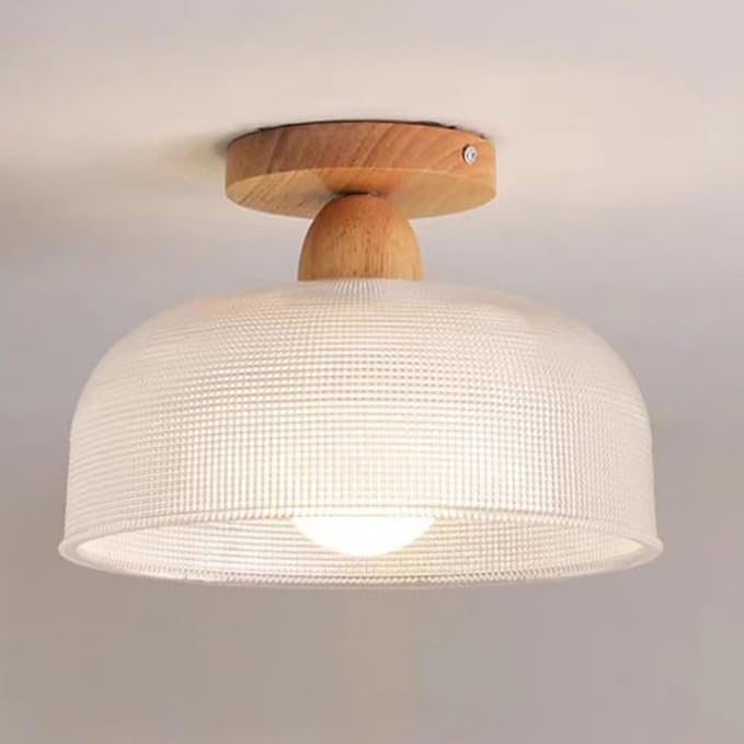 Schoolhouse Light Fixture Wood Ceiling Lamp, Semi Flush Mount Ceiling Light, 12'' Base, Balcony Solid Wood Hanging Light Farmhouse Bedroom Kitchen Hallway Glass Close to Ceiling Lights (B)