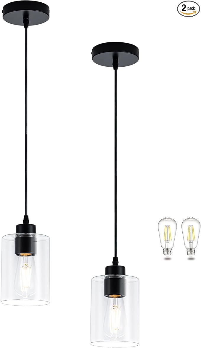 MAYNA 2 Pack Black Pendant Lights Kitchen Island, Mini Pendant Light Fixture with Clear Glass Shade, Adjustable Cord Industrial Farmhouse Hanging Ceiling Lamp for Dining Room, Sink, Bar(Bulb Included)