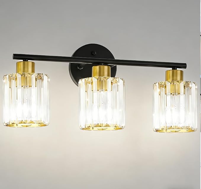 Crystal Bathroom Light Fixtures, Bathroom Lighting Fixtures Over Mirror, Modern Black Gold 3-Light Vanity Lights for Mirror, Restroom, Bedroom (Ceramic E26 Socket,Bulbs Not Include)