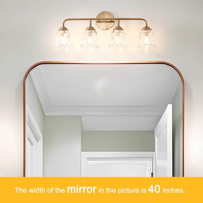 Daunton Vintage Bathroom Vanity Light, Brown Bronze Vanity Lighting, 4-Light Bathroom Lighting Fixtures Over Mirror, Elegant Flower Glass Light with Clear Shade, Gold Wall Sconce Lighting for Bedroom