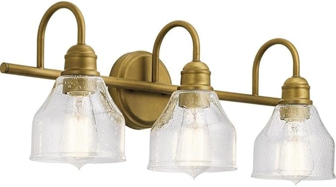 Kichler Avery 3-Light Bathroom Vanity Light Fixture with Clear Seeded Glass, Industrial Farmhouse Style in Natural Brass for Damp Locations (24" x 9.25"), 45973NBR