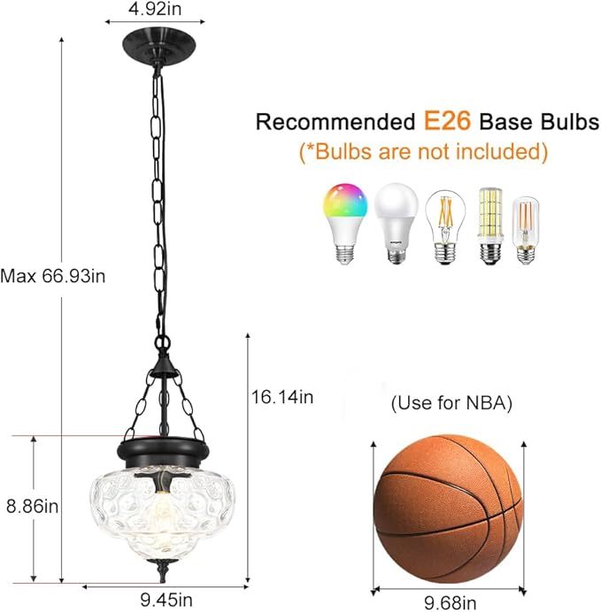 Vintage Pendant Light - Matte Black Pendant Lights Kitchen Island with Hammered Glass Shade, Hanging Lighting Fixtures with Adjustable Hanging Chain for Kitchen, Island, Dining Room, Entryway