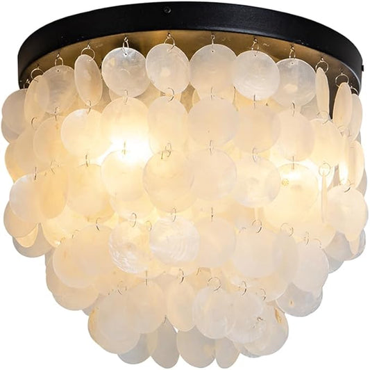 Capiz Shell Ceiling Light Fixtures, 3-Light Boho Flush Mount Ceiling Light for Living Room, Bedroom, Kitchen Island, Foyer, Entryway, Black