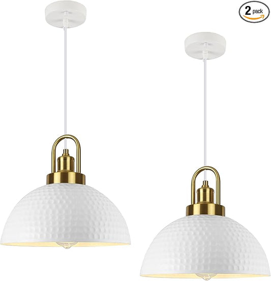 Hammered Pendant Lights, 11.8" White Pendant Light with Gold Holder, Farmhouse Dome Pendant Light Fixtures for Kitchen Island, Dinning Room, Living Room, Bedroom, 2 Pack