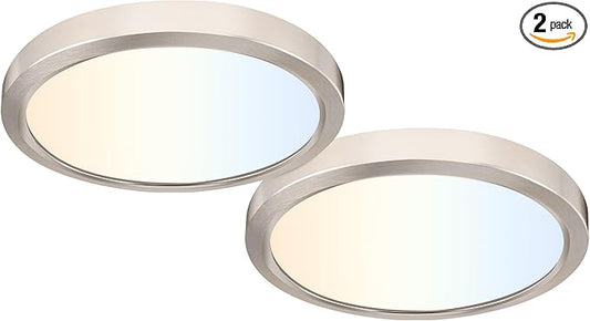 hykolity 2 Pack 9 Inch Selectable CCT LED Round Flat Panel Light, 18W 1800LM 3000K/4000K/5000K, Edge-Lit Flush Mount Ceiling Light Fixture for Kitchen, Bedroom, Laundry and Closet Room,Brush Nickel