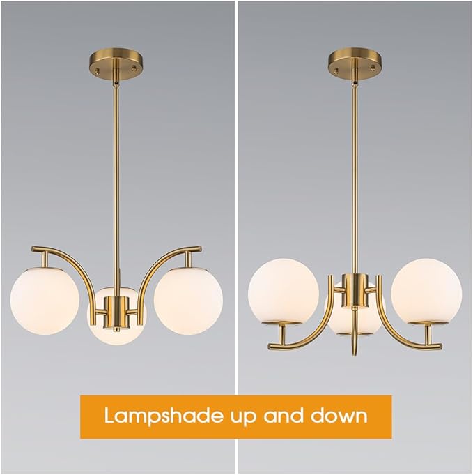 Gold Sputnik Chandelier 3 Light Milk Glass Globe Hanging Light Modern Pendant Light Fixture for High Ceiling Kitchen Bedroom Dining Living Room