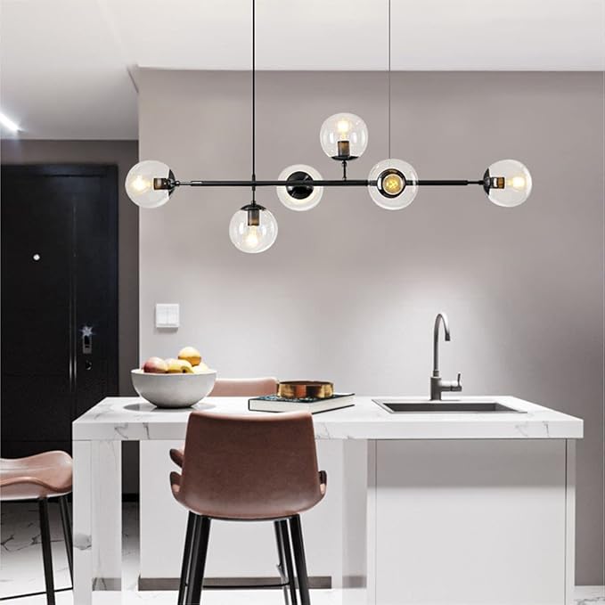 BOKT 6-Light Clear Glass Globe Pendant Light Mid Century Modern Rectangular Sputnik Chandelier Vintage Black Linear Kitchen Island Dining Pendant Lighting Fixture