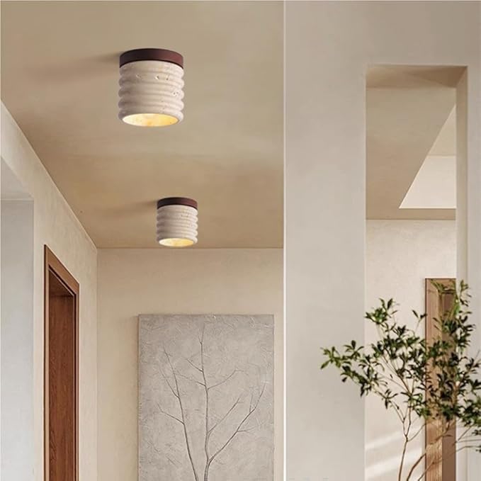 Natural Stone Flush Mount Ceiling Light, Small Wooden Nordic Hallway Lamp E26 Socket Close to Ceiling Fixture, Modern Minimalist Lighting for Bedroom Living Room Entryway(1 Pack)