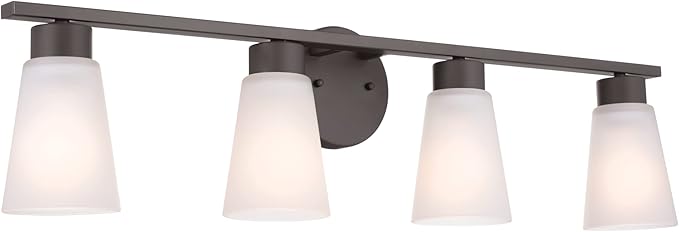 Kichler Stamos 4-Light Bathroom Vanity Light with Satch Etched Glass Shades, 26" Modern Wall Light in Olde Bronze®, (26" x 8" x 5")