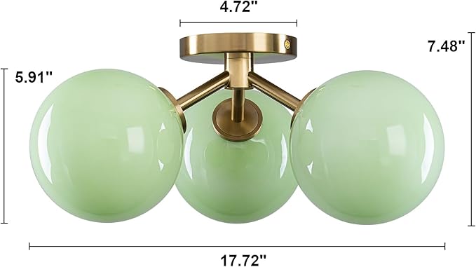 Green Semi Flush Mount Ceiling Light Fixture, 3 Light Opal Glass Globe Mid Century Modern Light Fixtures for Bedroom,Entryway,Hallway,Living Room,Kithcen,Dining Room