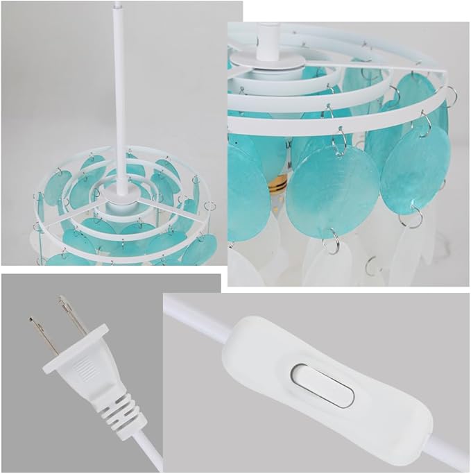 2 Pack Pendant Light Fixtures, 1-Light Plug in Capiz Shell Chandeliers with ON/Off Switch for Kitchen Island, Dining Room, Bedroom Room, Coastal House, White and Blue