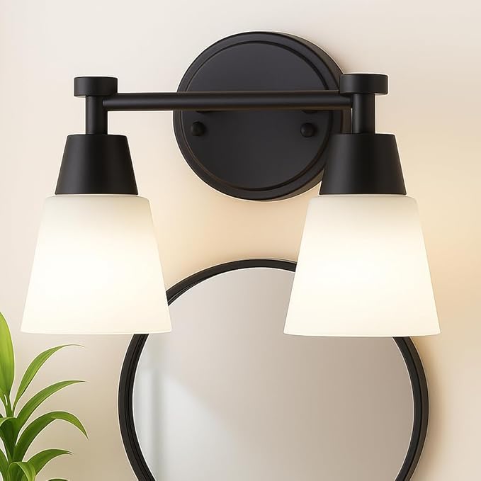 Bathroom Vanity Light, 2 Light Modern Matte Black Stainless Steel Over Mirror Vanity Light Fixture with Frosted Glass, Wall Sconces Lighting for Bedroom Living Room