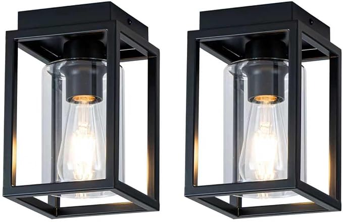 Mayful Flush Mount Ceiling Light Fixture with Clear Glass Shade, Farmhouse Black Metal Frame Light Fixture for Kitchen Island Entryway Porch Foyer Dining Room, E26 Ceramic Base,2 Pack