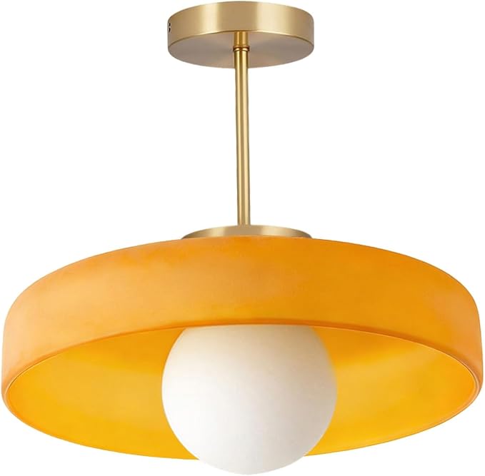 Large Semi Flush Mount Ceiling Light Fixture 13.8" Vintage Glass Ceiling Lights Orange Dome Shade Antique Gold Brass Finish Mid Century Close to Lights for Kitchen Island Hallway