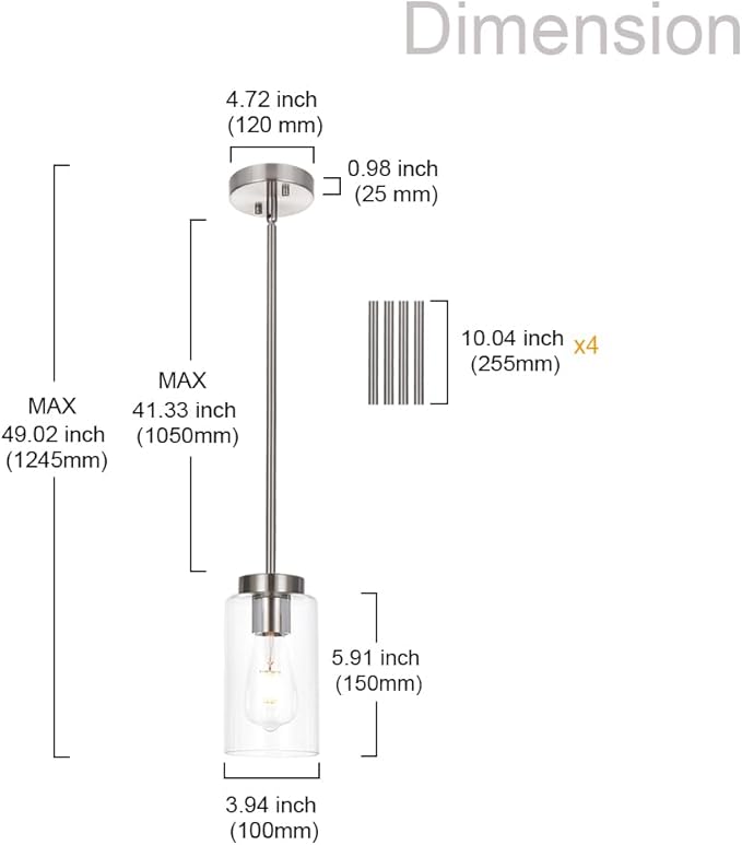 VINLUZ One Light Chandeliers Modern Clear Glass Pendant Lighting Brushed Nickel Dining Room Lighting Fixtures Hanging Contemporary Lamp Semi Flush Mount Ceiling Lights