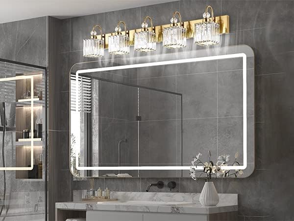 Ralbay Gold Crystal 5-Light Bathroom Vanity Lights Over Mirror Modern Crystal Gold Bathroom Vanity Lighting