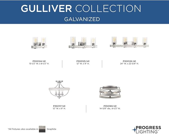Progress Lighting Gulliver Collection 2-Light Whitewashed Farmhouse Flush Mount Ceiling Light, Galvanized, 6.50x14.37x14.37