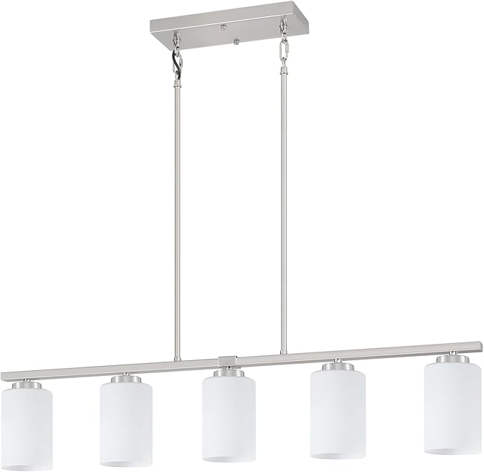 Brushed Nickel Island Lights for Kitchen, 5-Light Modern Dining Room Light Fixtures Over Table Glass Penadnt Lights Adjustable Kitchen Hanging Light Fixtures Linear Farmhouse Chandeliers Over Island