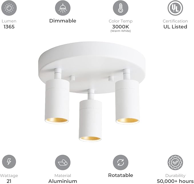 Shura - Round 3-Light White Integrated LED Ceiling Light w/ Rotatable Heads, Adjustable Flush Mount Ceiling Light, 3000K, 1365 Lumens
