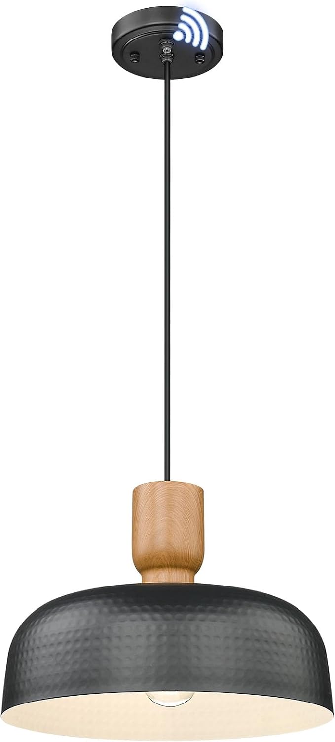 Dusk to Dawn Farmhouse Pendant Lights, 12.4 inch Industrial Pendant Lighting, Adjustable Hanging Light Fixtures with Hammered Metal Shade for Kitchen Island, Black